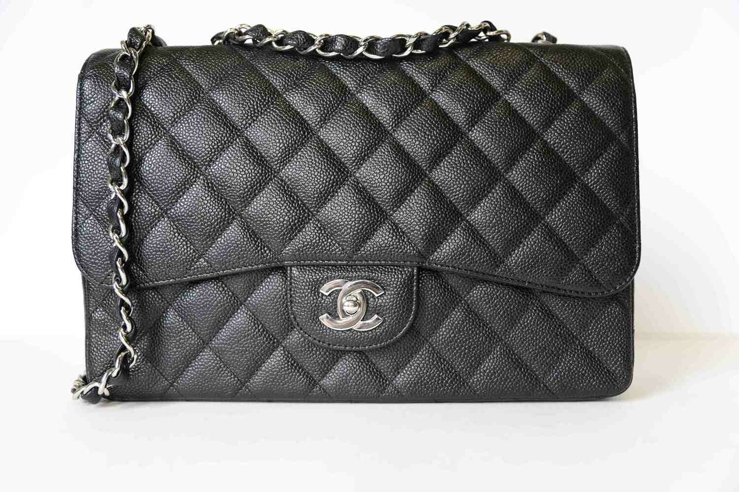 Chanel Classic Jumbo Single Flap, Black Caviar with Silver Hardware, Preowned no dustbag WA001