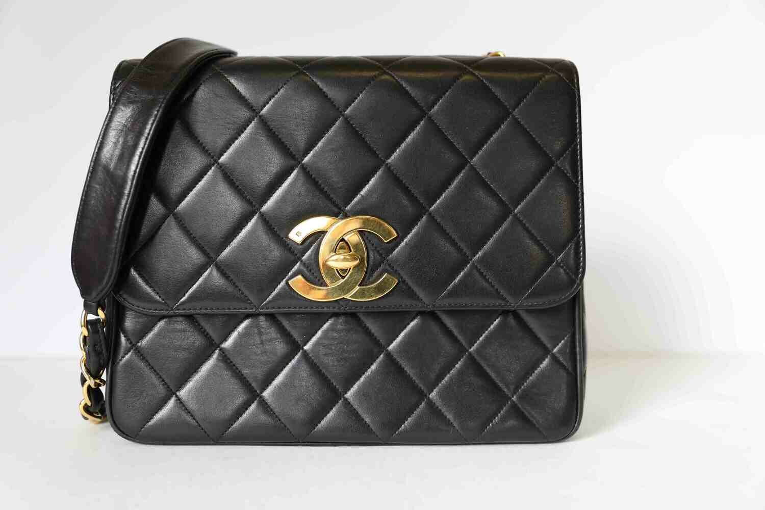 Chanel Vintage Square Flap, Black Lambskin with Gold hardware, Preowned in dustbag WA001
