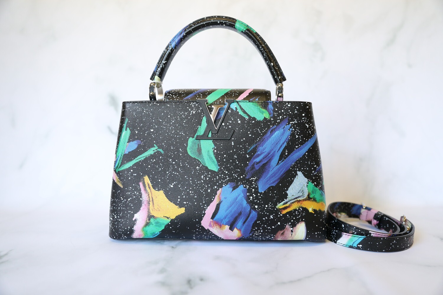 Louis Vuitton Capucines PM, Black Splash with Silver Hardware, Preowned in Dustbag WA001