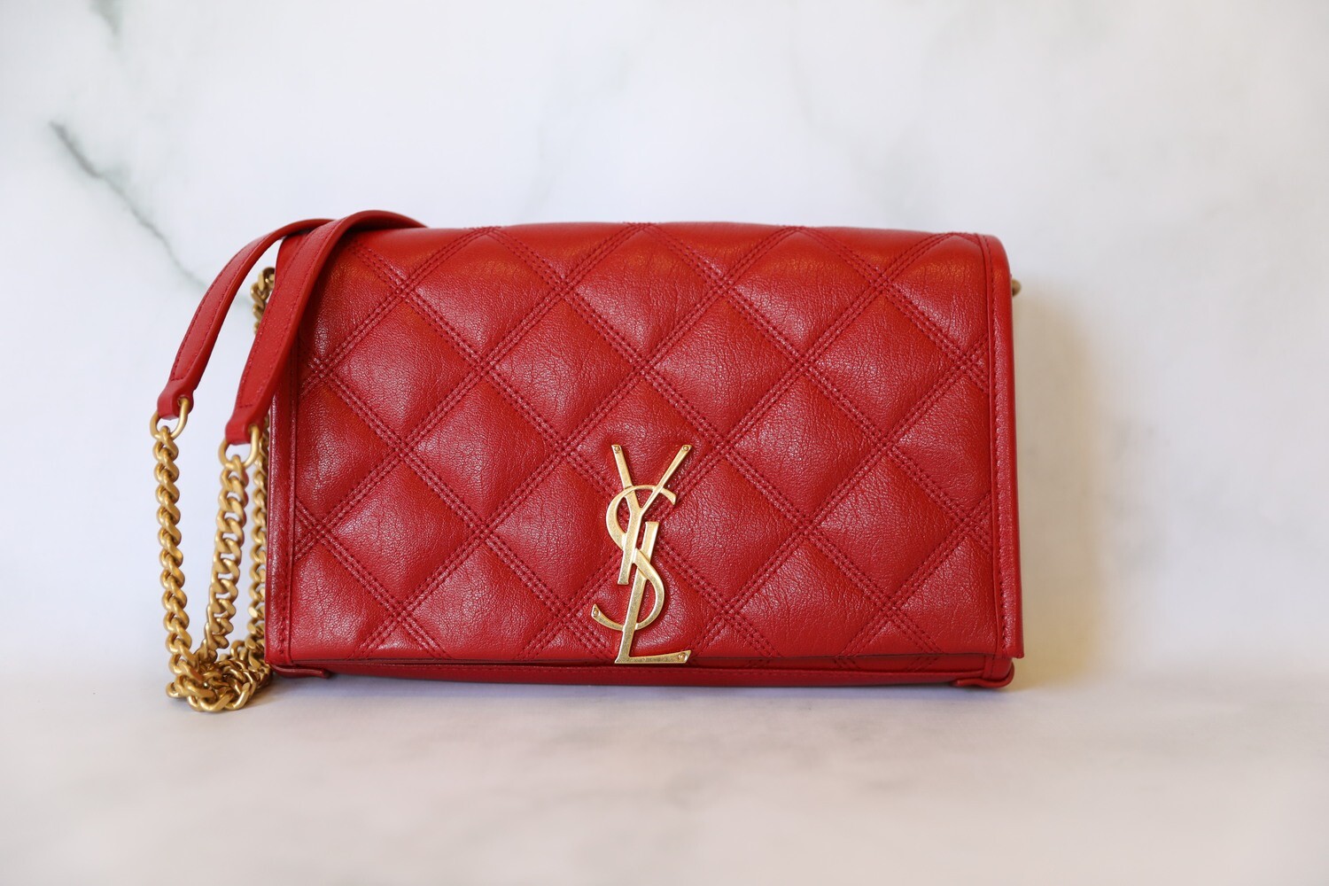 Saint Laurent Becky Wallet on Chain, Red with Antique Gold Hardware, As New in Box WA001