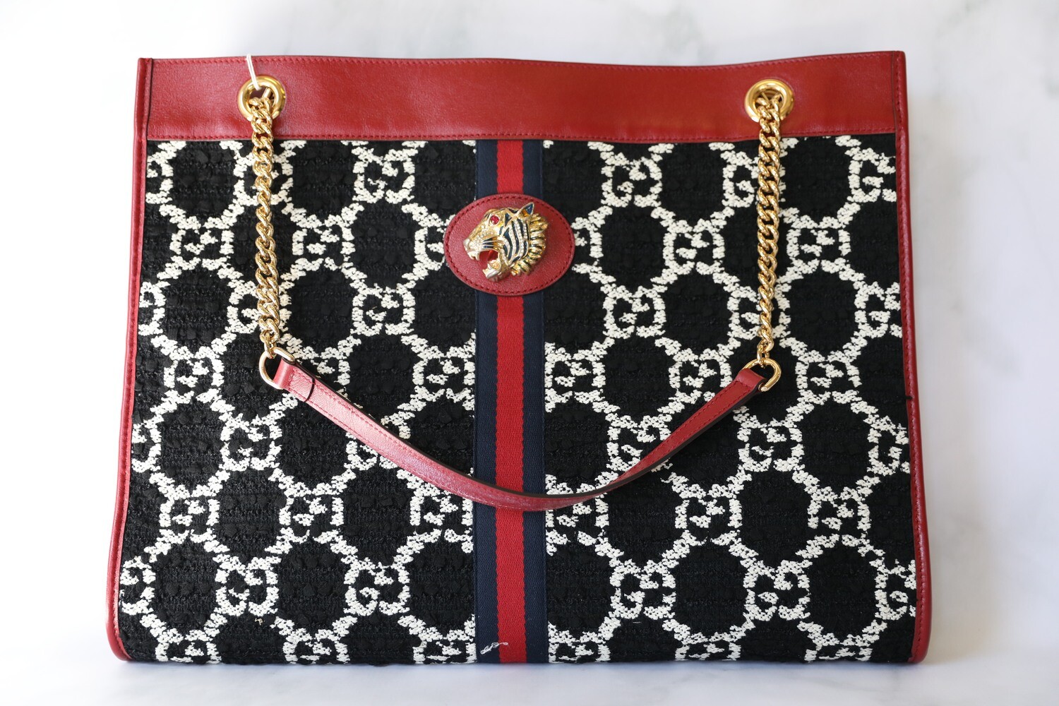 Gucci Rajah Tote, Red  Leather and Tweed, Preowned - No Dustbag - WA001