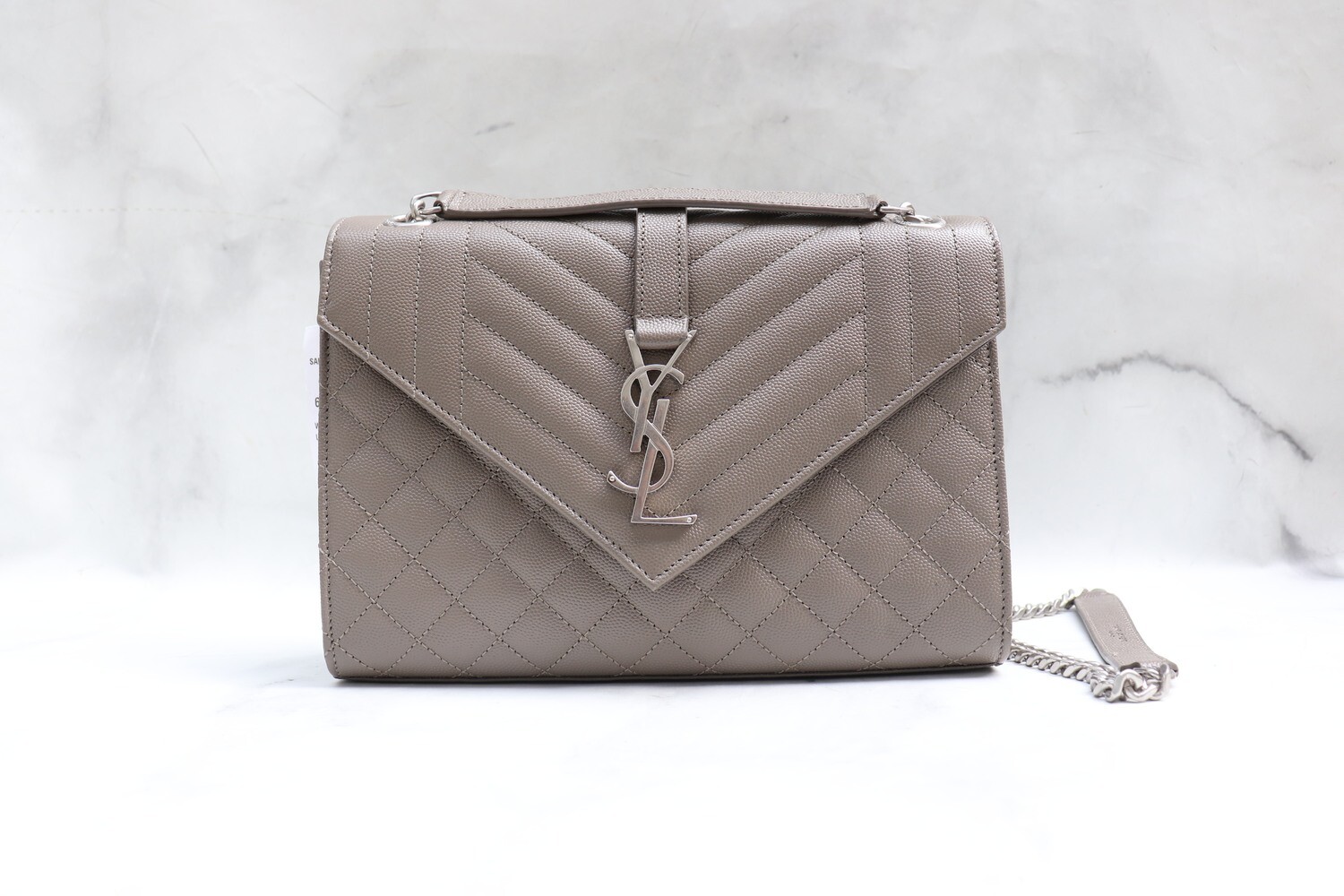 Saint Laurent Envelope Medium Taupe Pebbled Leather, Silver Hardware, New in Dustbag