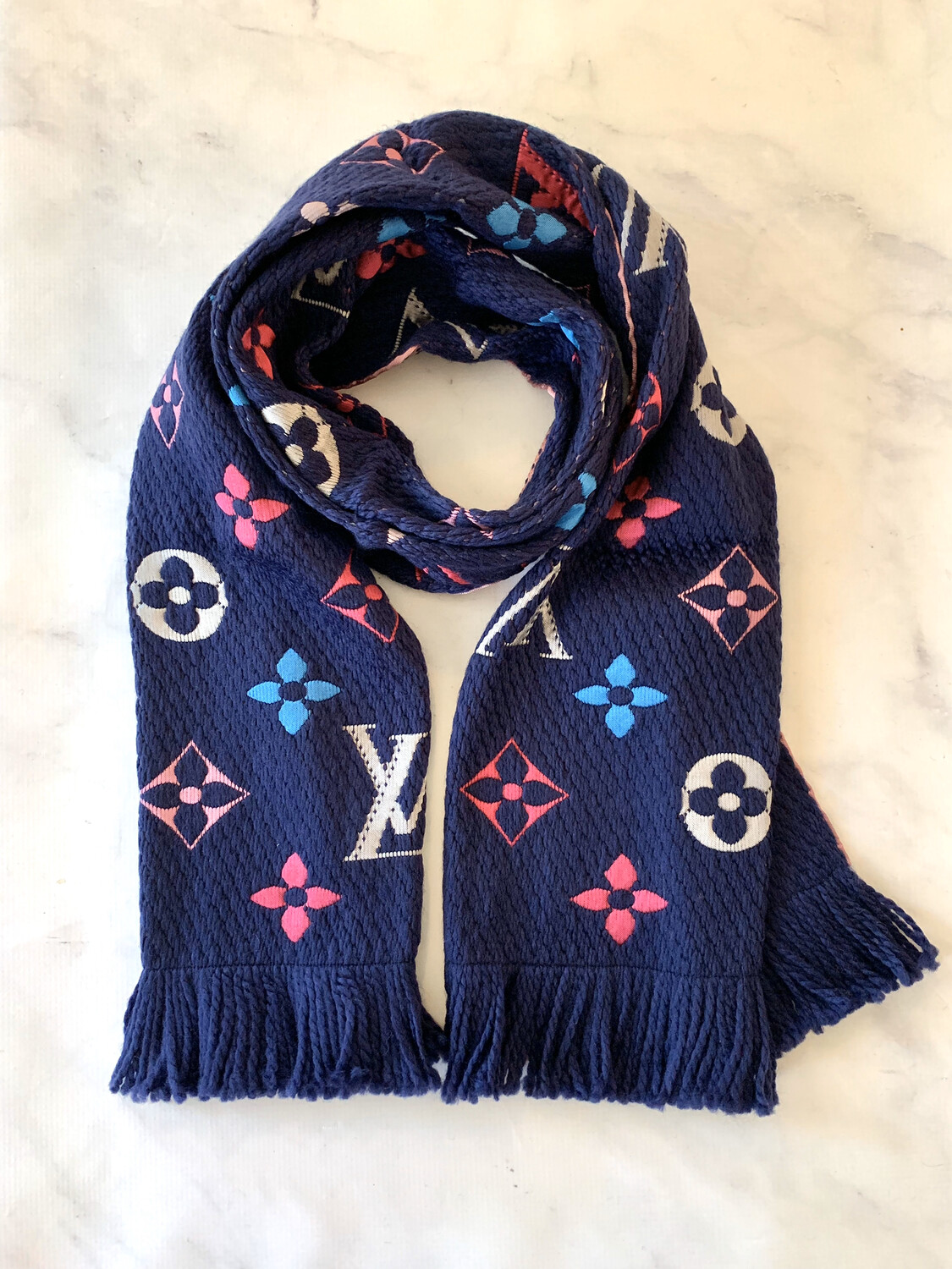 Louis Vuitton Navy Multicolor Logomania Scarf with Blemish - New - MA001