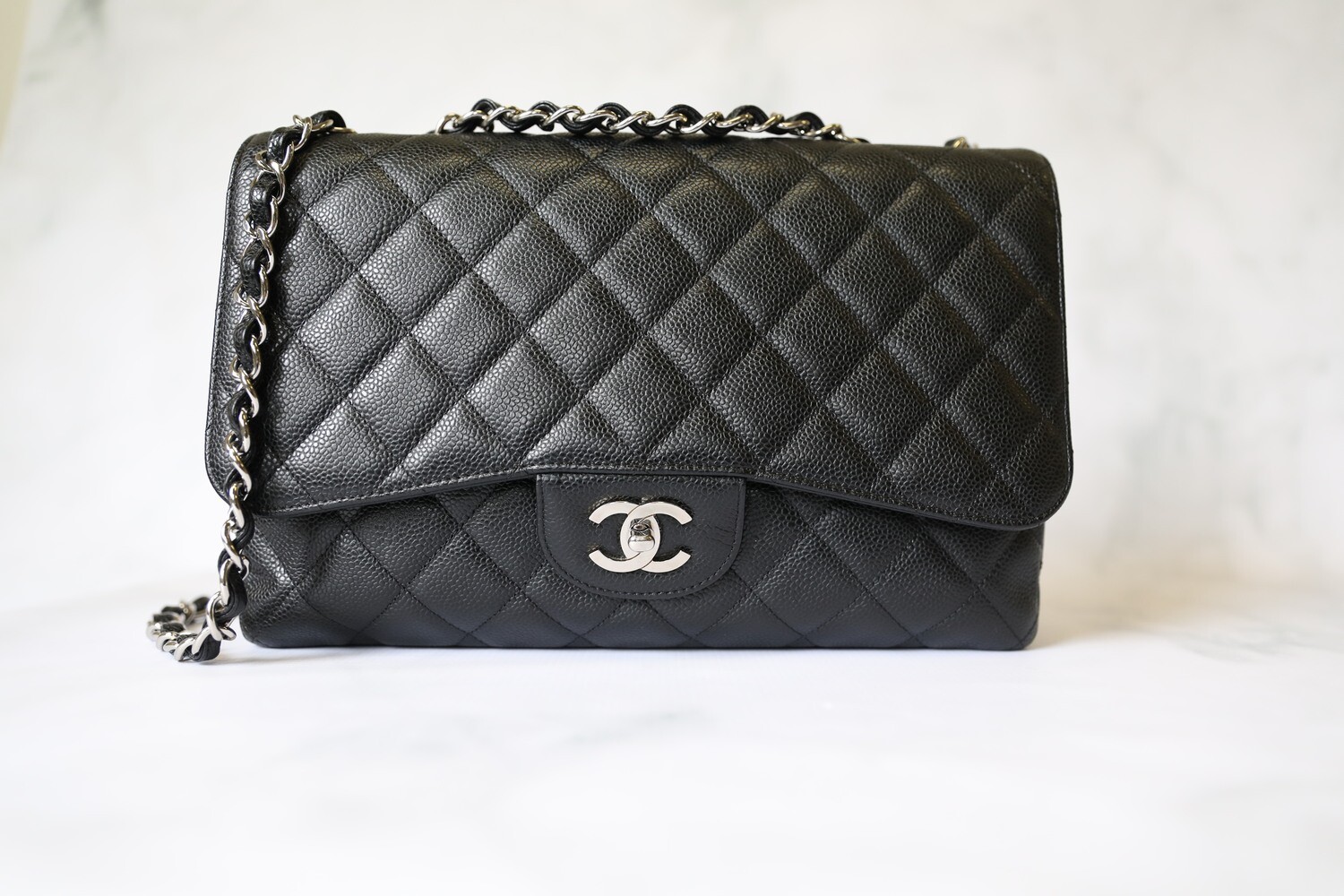 Chanel Classic Jumbo Single Flap, Black Caviar with Silver Hardware, Preowned in dustbag WA001