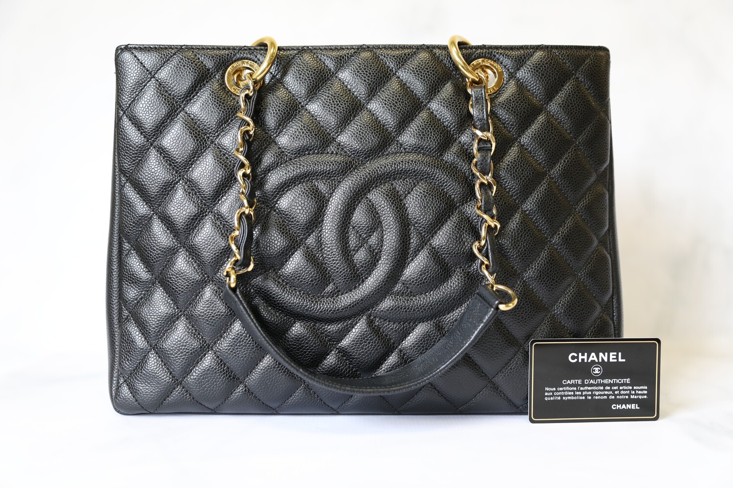 Chanel GST Tote, Black Caviar Leather with Gold Hardware, Preowned in Dustbag WA001