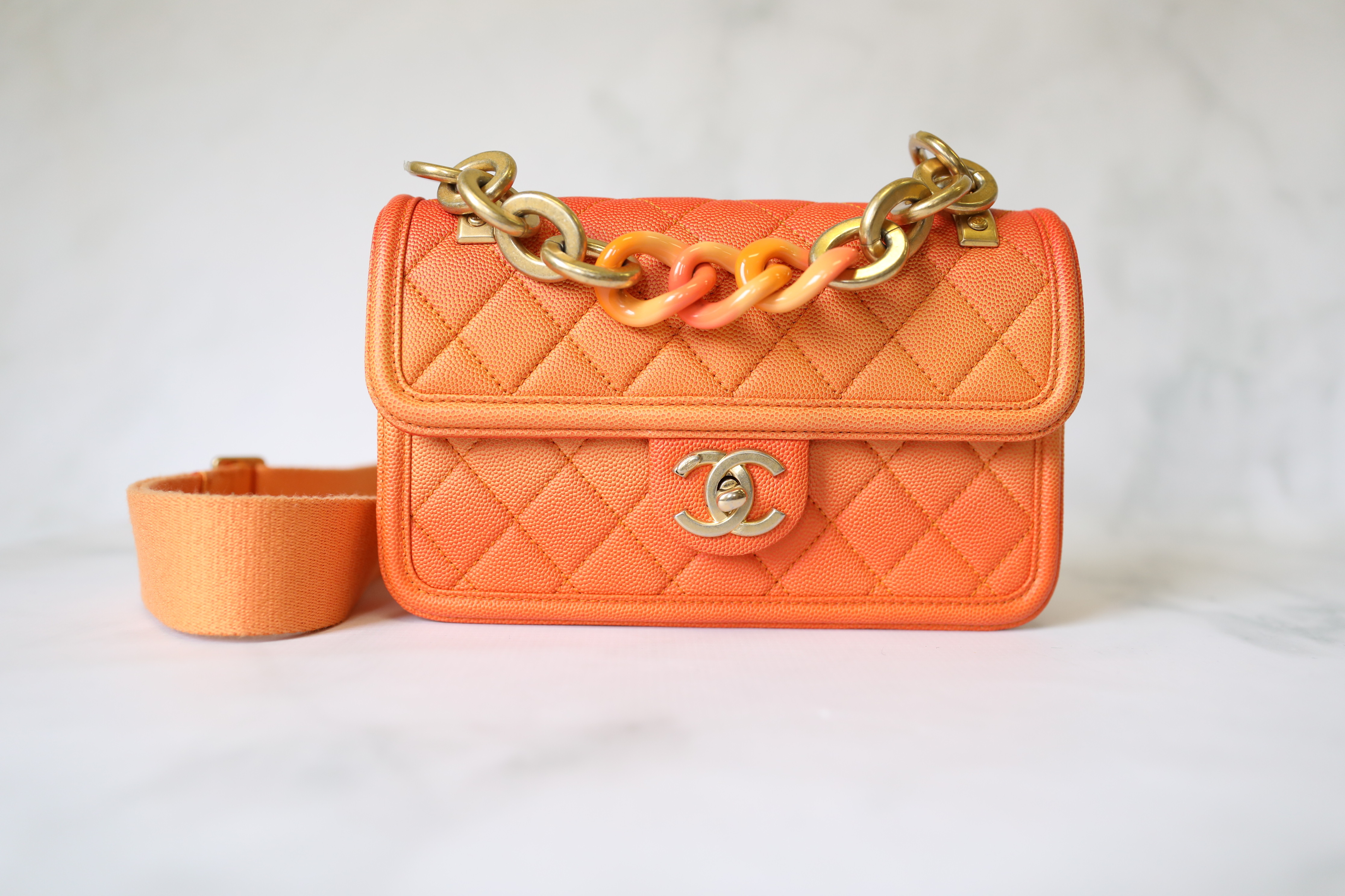 Chanel Sunset On The Sea Flap Bag Quilted Caviar Small Orange