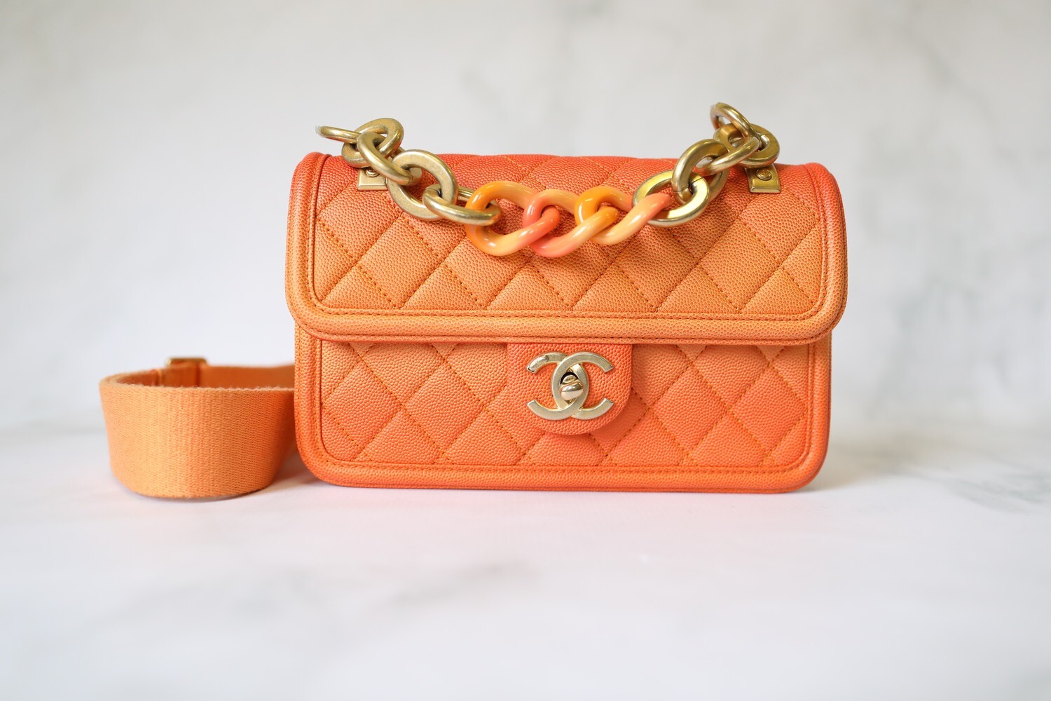 Chanel Sunset By The Sea Bag, Orange Ombre Caviar With Gold Hardware, Mini,  Preowned In Dustbag
