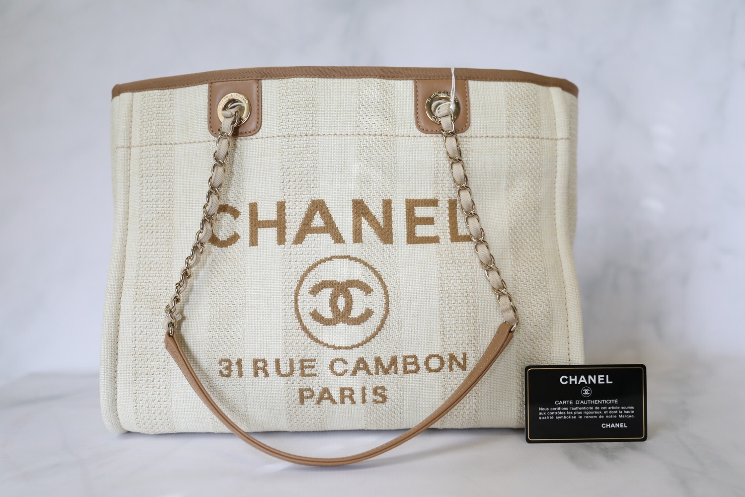 Chanel Deauville Small, Beige Striped with Gold Hardware, Preowned in Box WA001