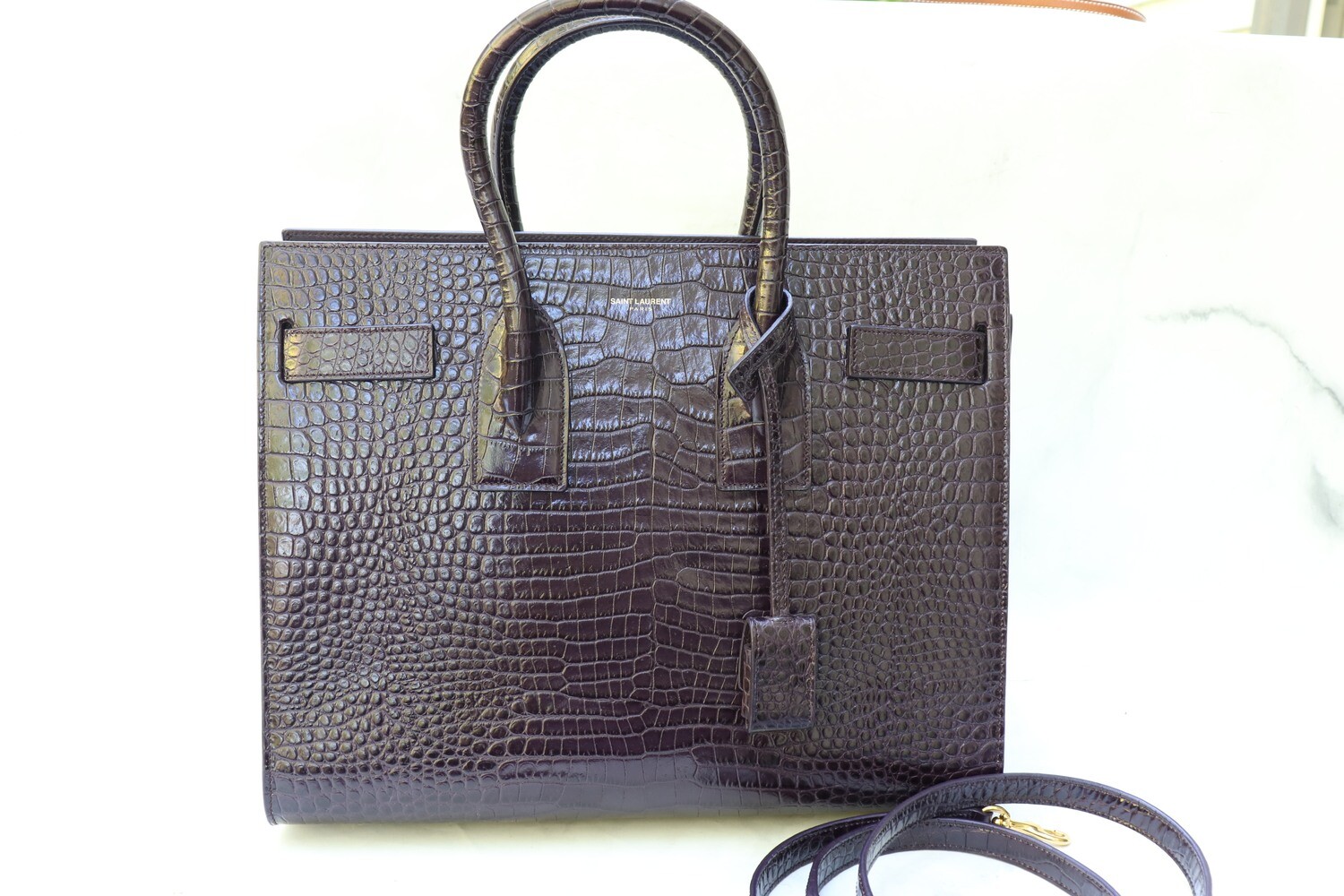 Saint Laurent Sac de Jour Small, Plum Croc Embossed Leather, Gold Hardware, Preowned in Dustbag