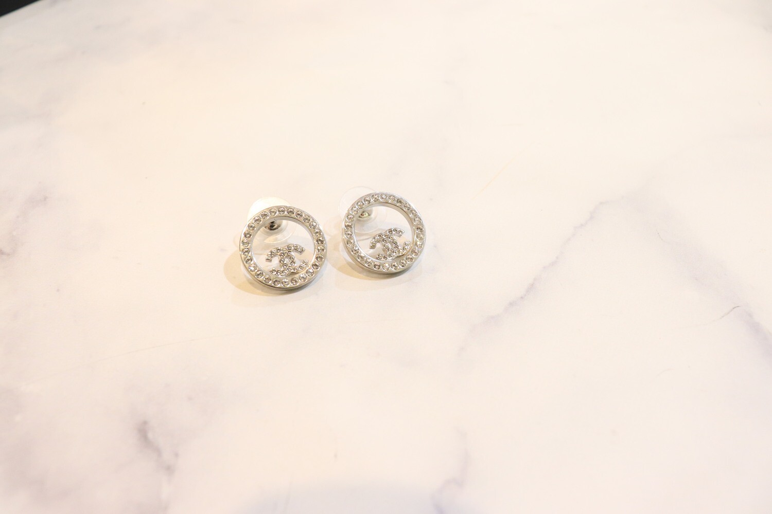 Chanel Earrings Silver Crystal Circle Round with Inlay CC, New in Box WA001
