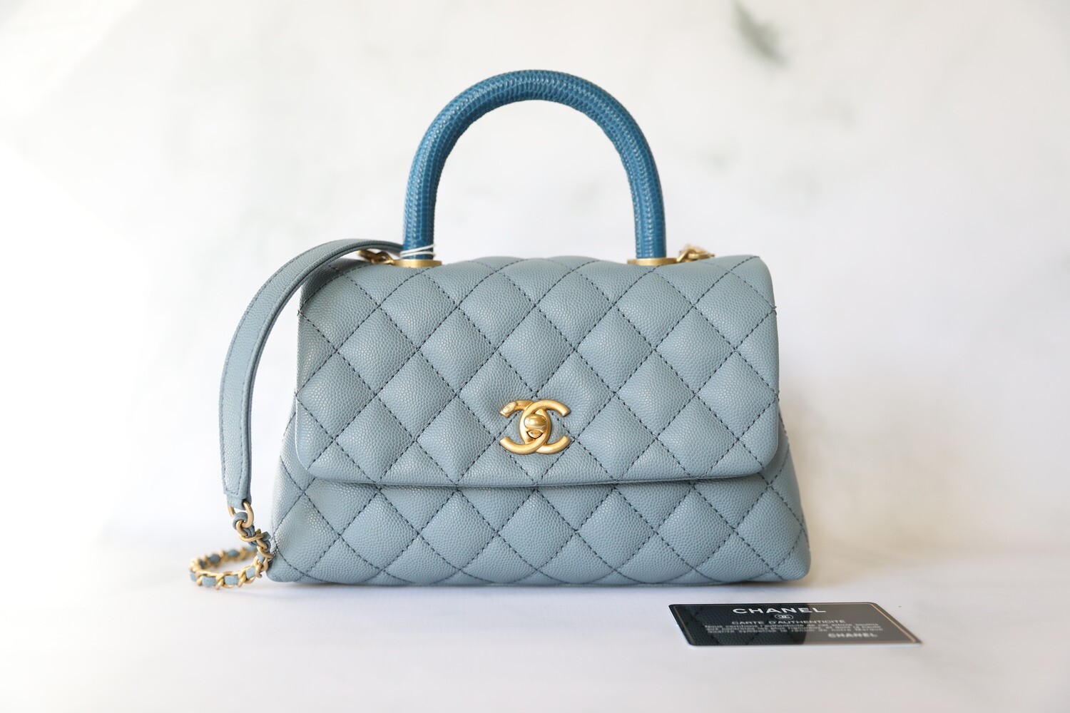 Chanel Coco Handle Mini, Blue with Exotic handle, Preowned in box WA001