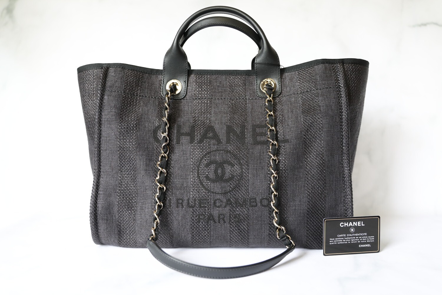 Chanel Deauville Large, 20P Black Striped with Light Gold Hardware, New ...