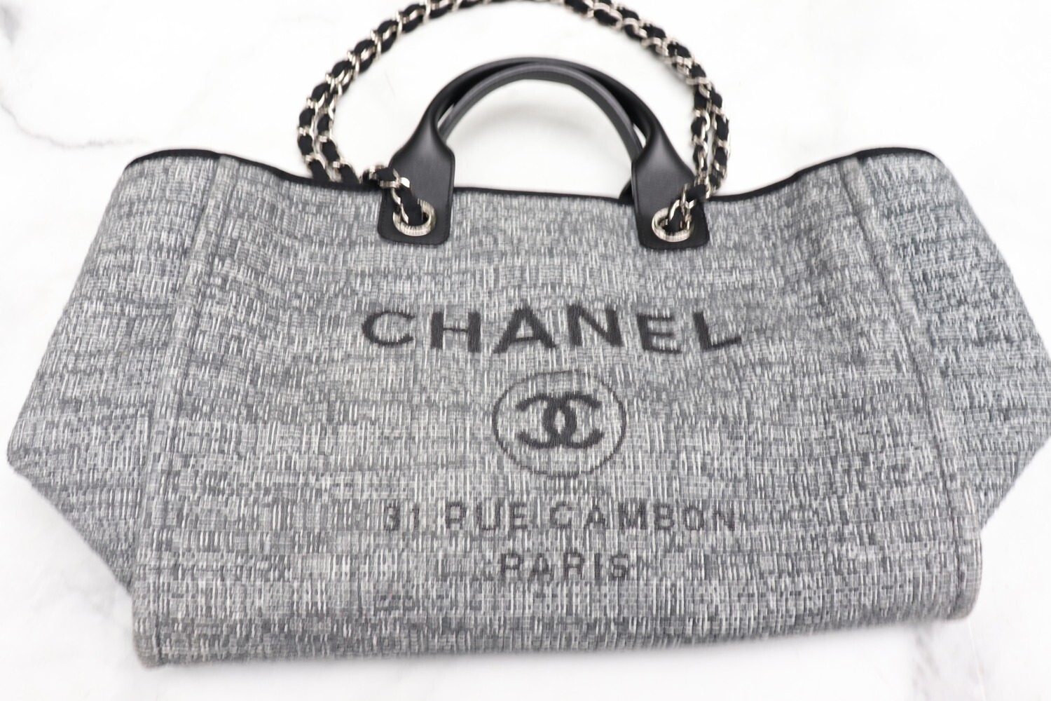 Chanel Deauville Large Tweed Grey with Black Leather, Silver Hardware, Preowned in Dustbag with card