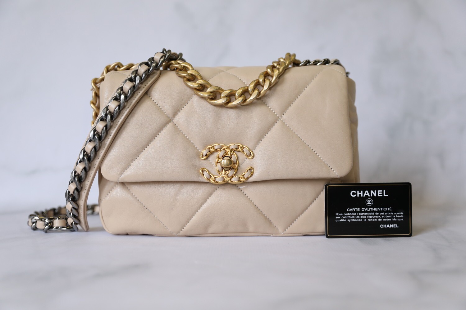 NIB Chanel 19 Small Flap Bag - Beige Goatskin 