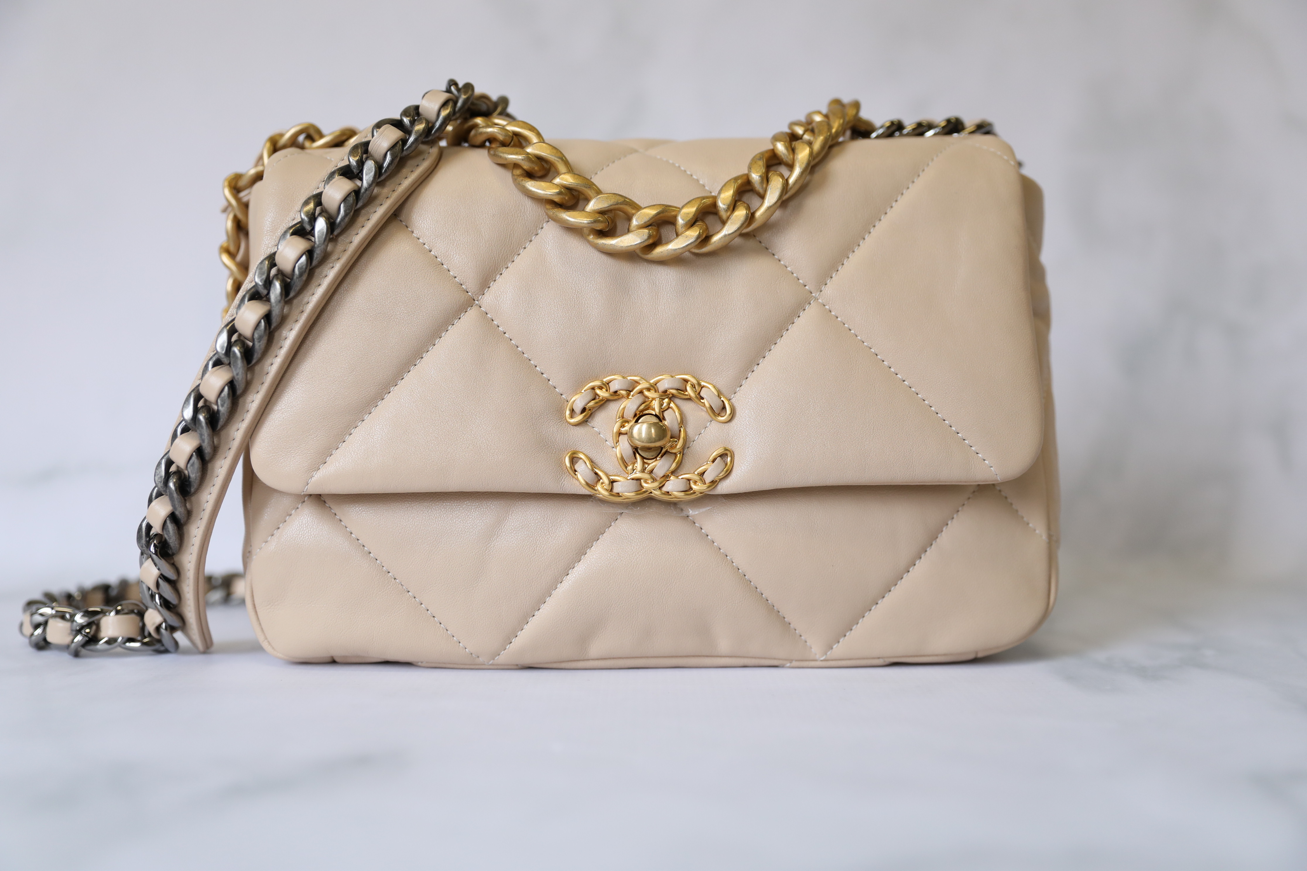Chanel 19 Classic Light Beige with Gold Hardware 20S, As New in