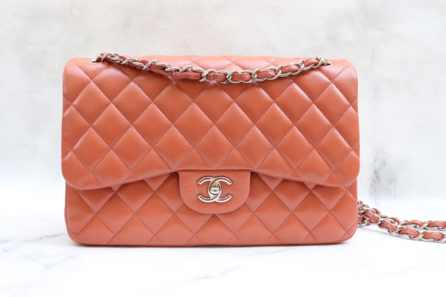 Chanel Classic Jumbo Double Flap Apricot Caviar Leather, Silver Hardware, Preowned in Box