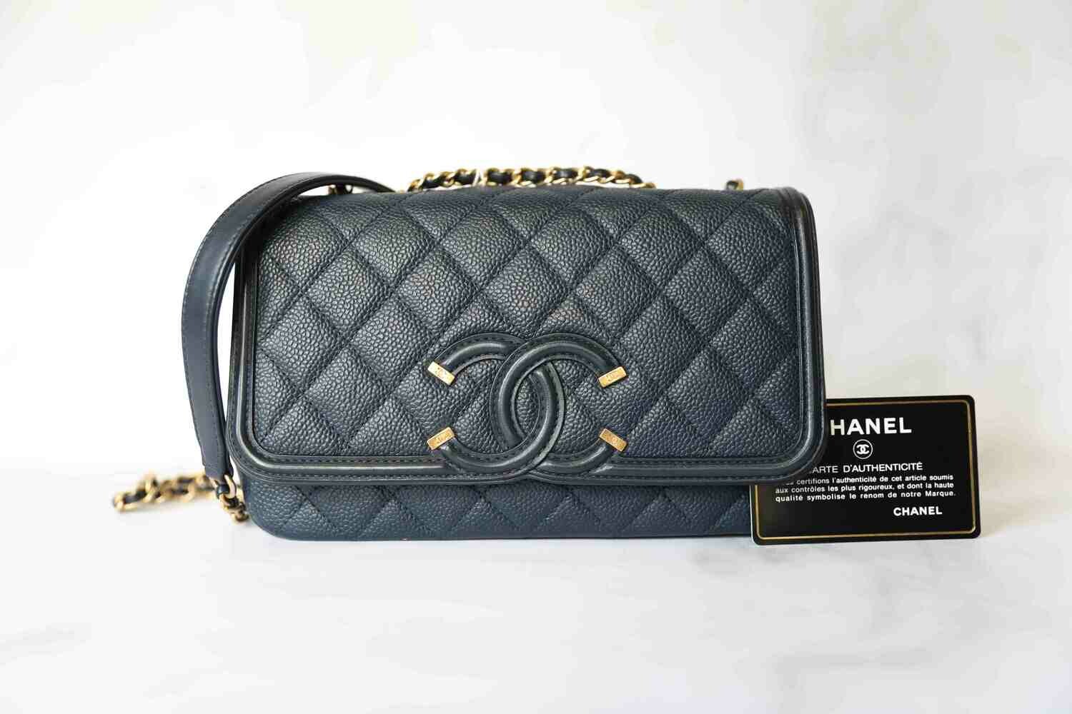 Chanel Small Filigree Flap, Navy with Aged Gold Hardware, Preowned in Dustbag WA001