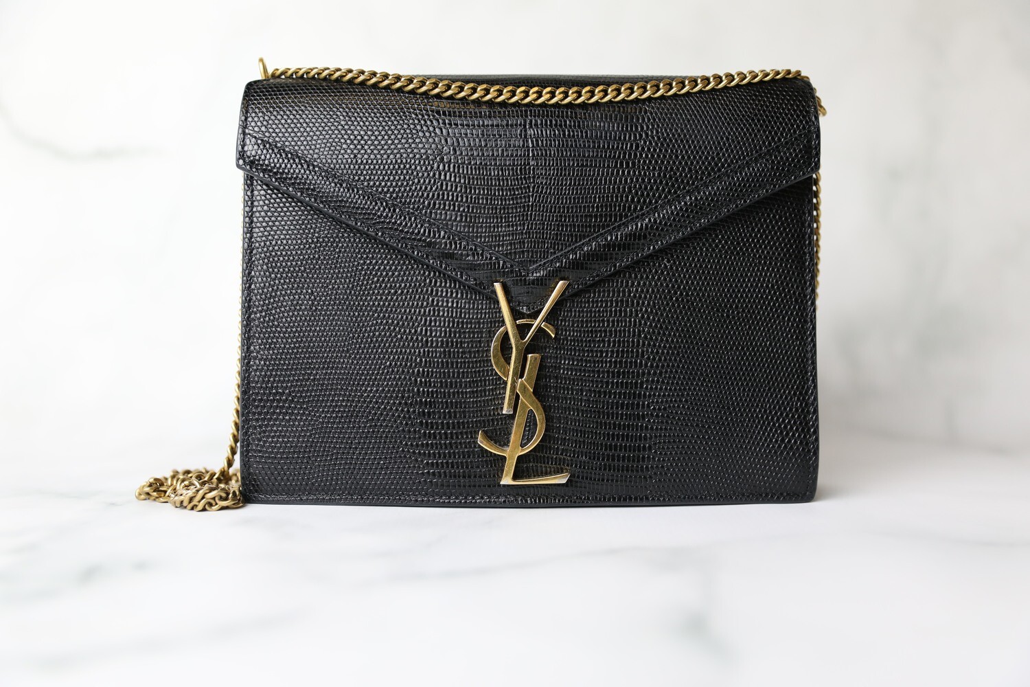 Saint Laurent Cassandra Medium, Black Embossed Lizard leather with Gold Hardware, Preowned in Dustbag WA001