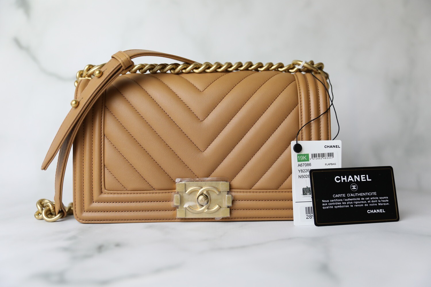 Chanel Old Medium Boy, Caramel Chevron Lambskin with aged Gold Hardware, Like New in Box