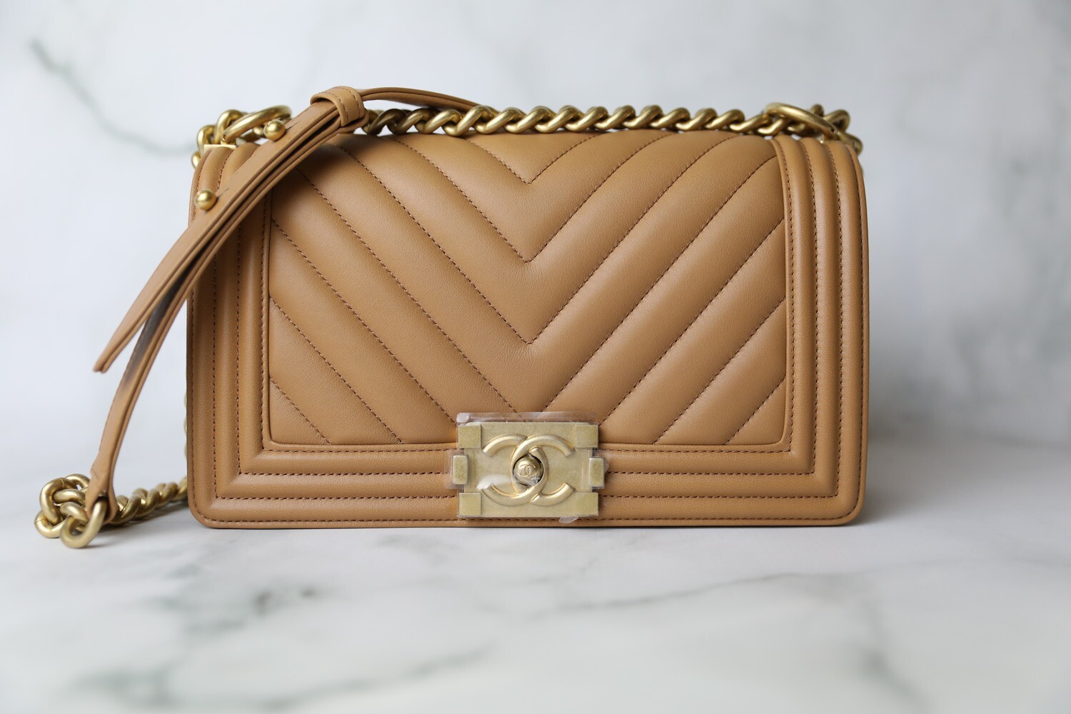 Chanel Old Medium Boy, Caramel Chevron Lambskin with aged Gold Hardware, Like New in Box