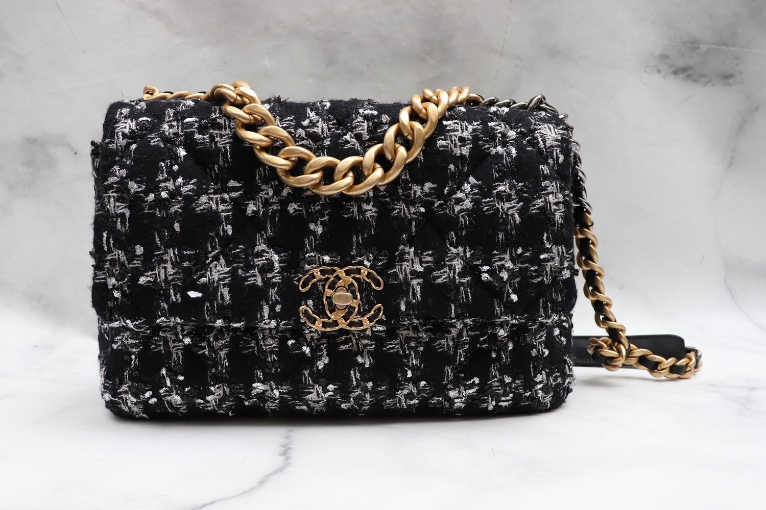Chanel 19 Large (Middle Size), Black and Silver Tweed, New in Box