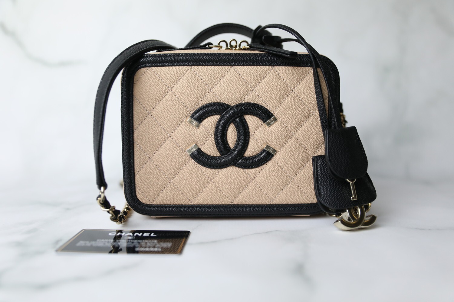 Chanel Filigree Vanity Small, Beige and Black Caviar with Gold Hardware, New in Box WA001