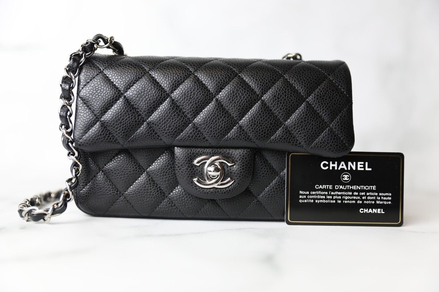 Chanel Classic Mini Rectangular, Black Caviar with Silver Hardware, Preowned in Dustbag WA001