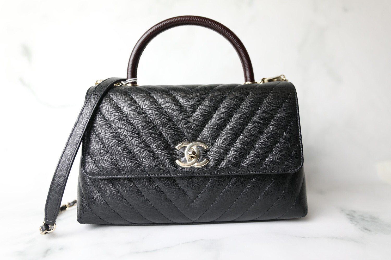 Chanel Coco Handle Medium, Black Chevron Caviar with Exotic Maroon Handle, New In Box WA001