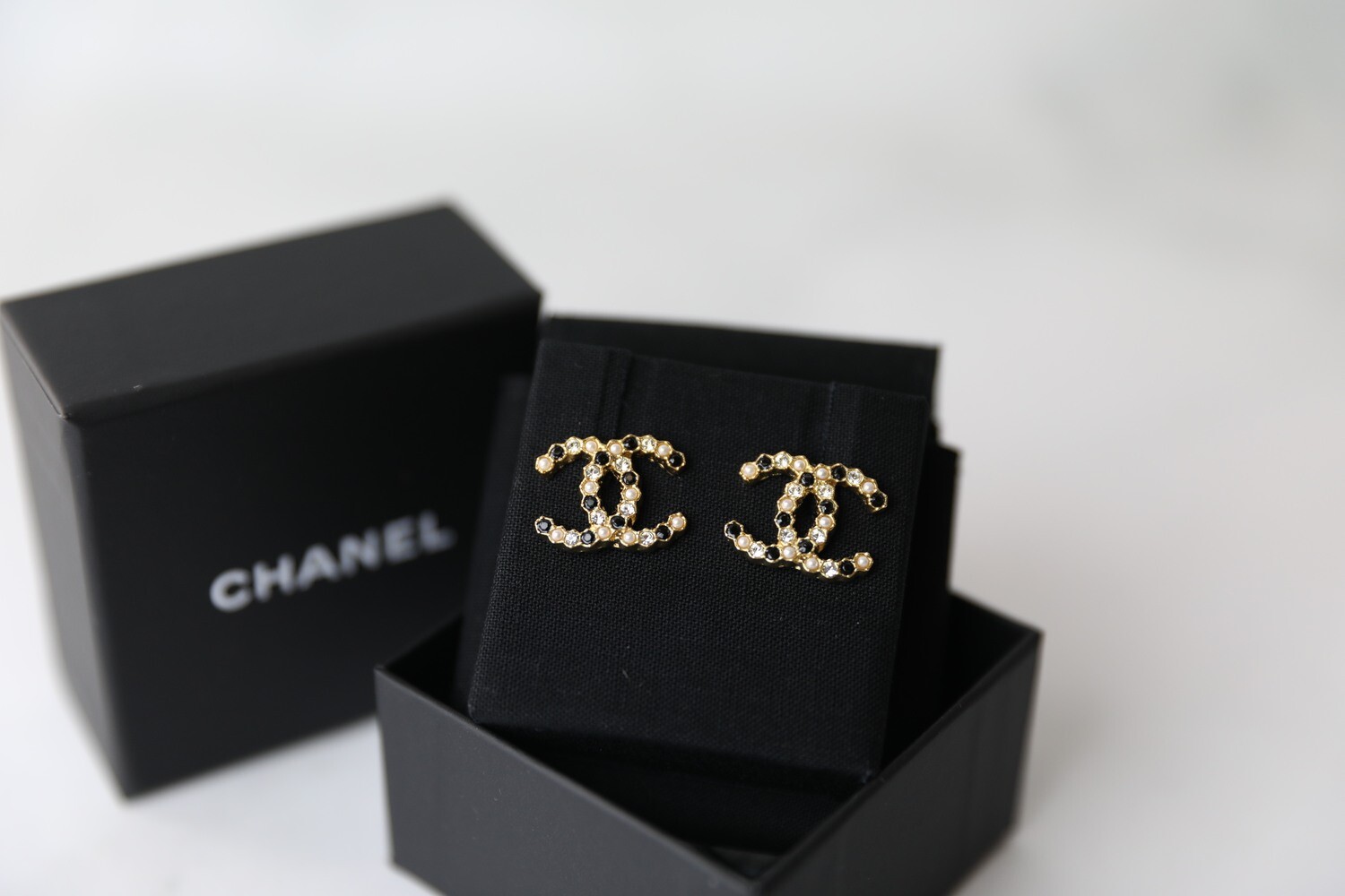 Chanel Earrings Black, Pearl and Crystal CC Studs, New in Box