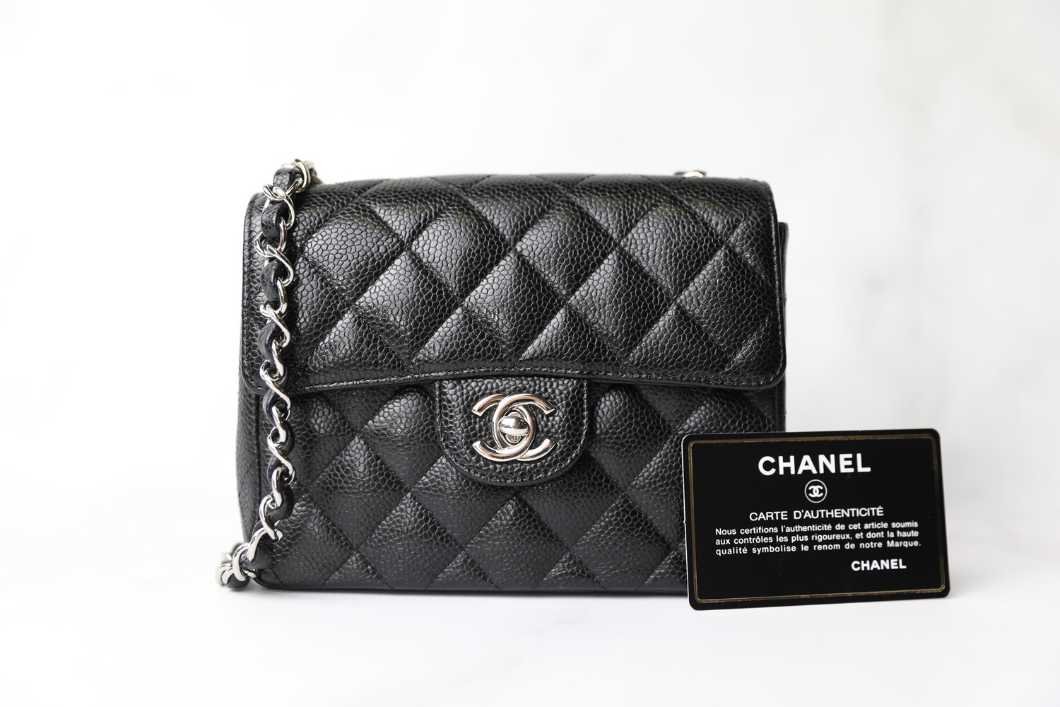 Chanel Vintage Mini Square, Black Caviar with Silver Hardware, Preowned in Dustbag WA001