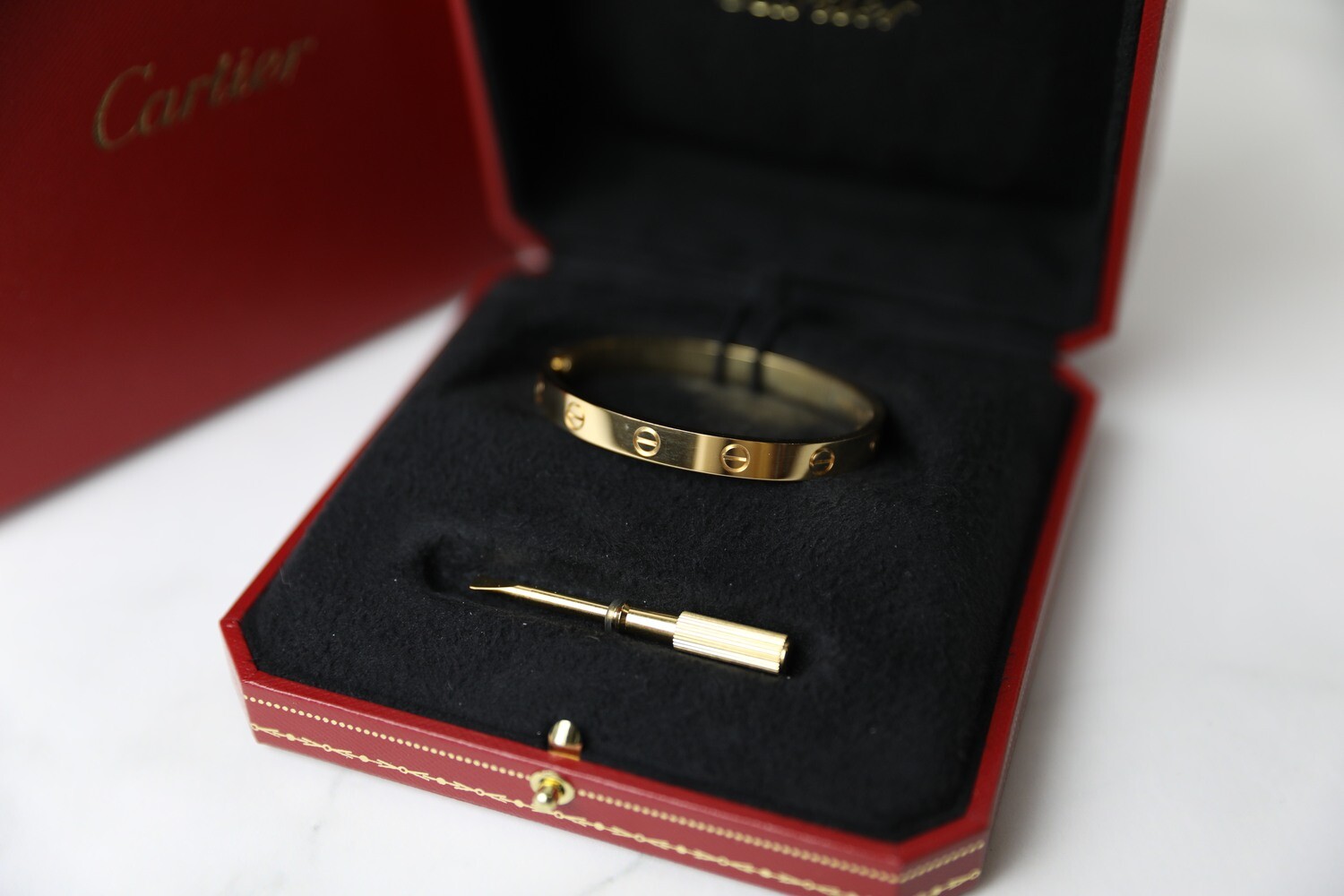 Cartier Love Bracelet, Yellow Gold, Size 16, Preowned in Box WA001