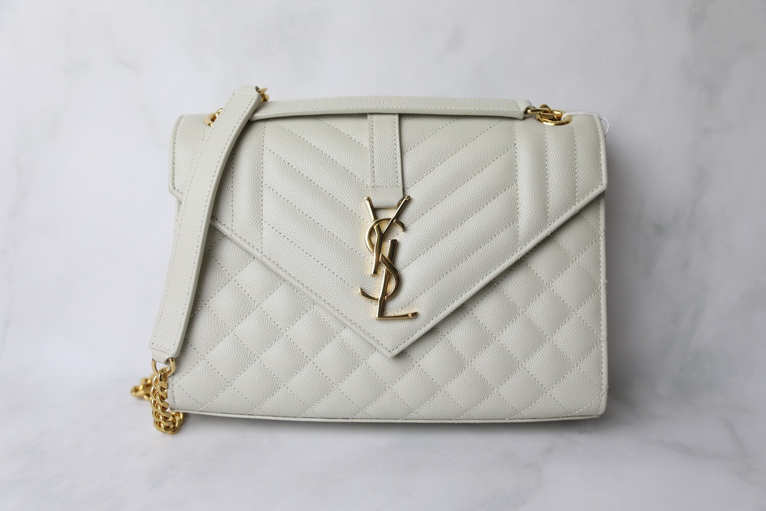 Saint Laurent Envelope Medium, White with Gold Hardware, Preowned in Dustbag WA001