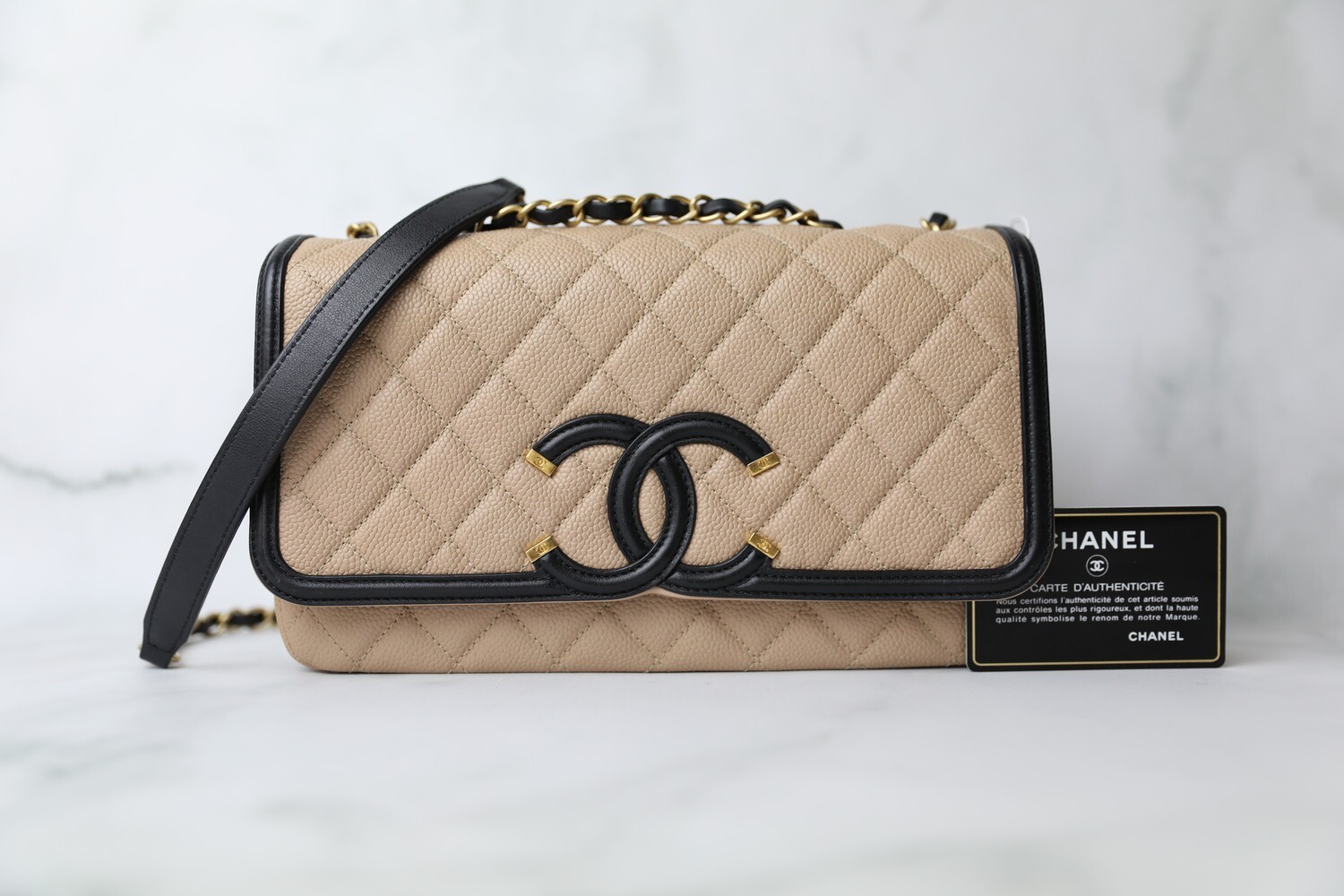 Chanel Filigree Flap Medium, Beige and Black Caviar, Preowned in Box WA001