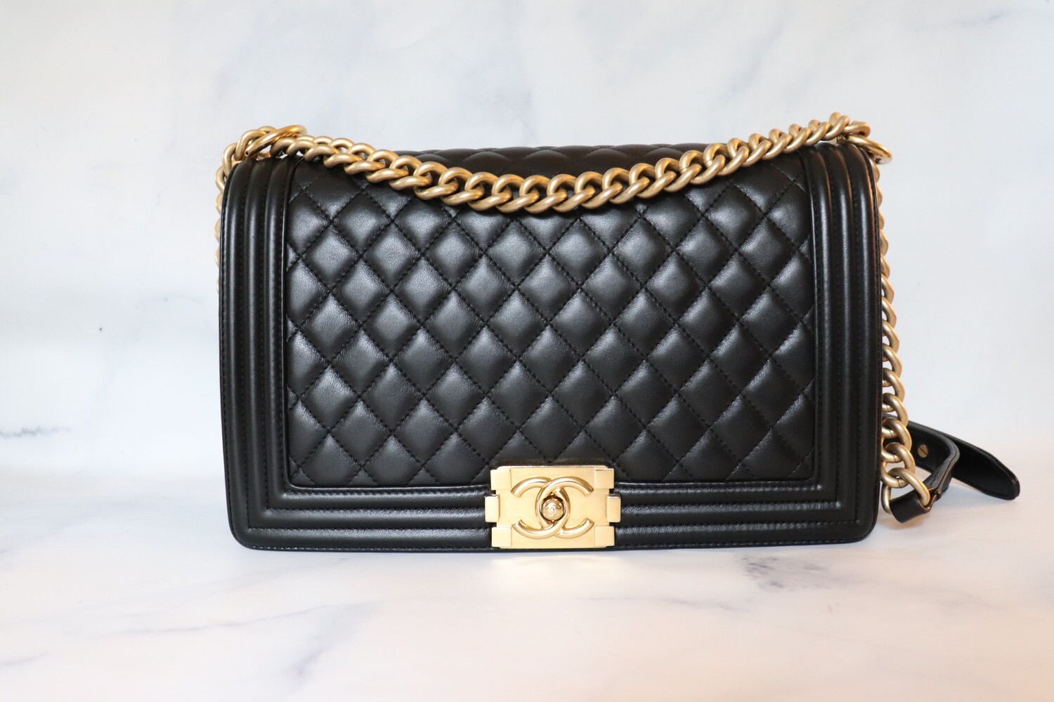 Chanel Boy New Medium Black Lambskin Leather Antique Gold Hardware, Preowned in Dustbag