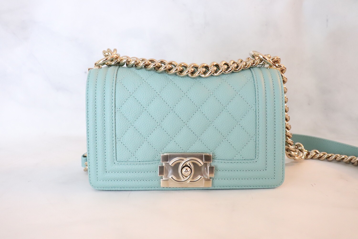 Chanel Boy Small, Blue Caviar Leather, Shiny Gold Hardware, New in Dustbag