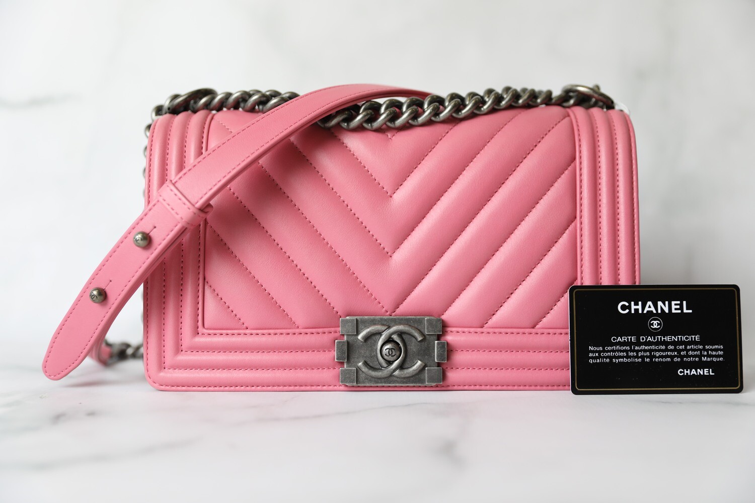 Chanel Boy Old Medium, Pink Chevron Calfskin with Ruthenium Hardware,  Preowned in Dustbag WA001