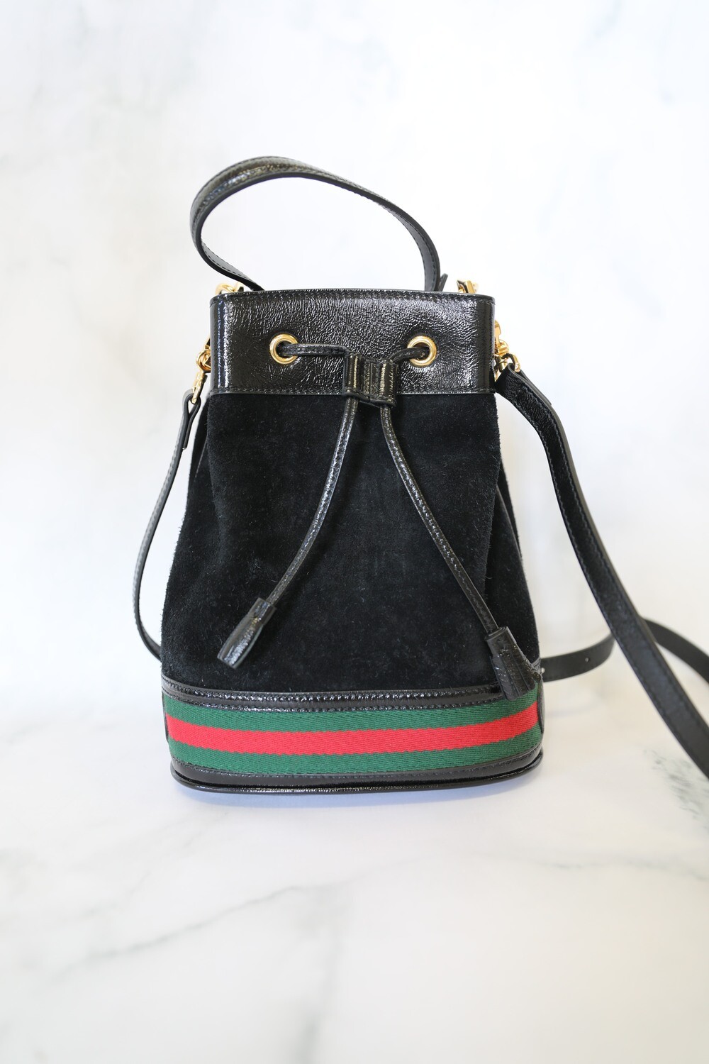 Gucci Ophedia Bucket Bag, Black Suede with Gold Hardware, Preowned in Box WA001