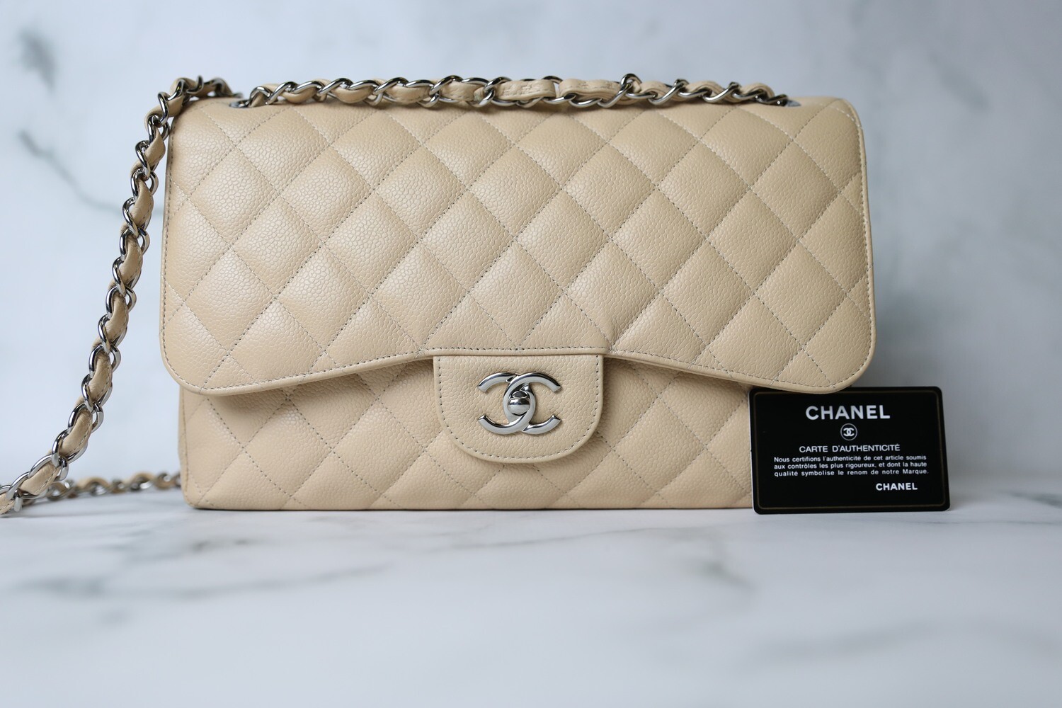 Chanel Classic Jumbo, Beige Caviar with Silver Hardware, Preowned in Black Dustbag WA001