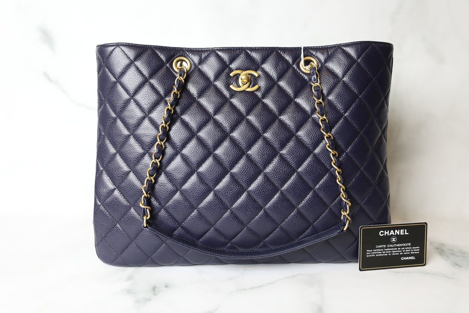 Chanel Timeless Tote, Navy caviar with Gold Hardware, Preowned in Dustbag WA001