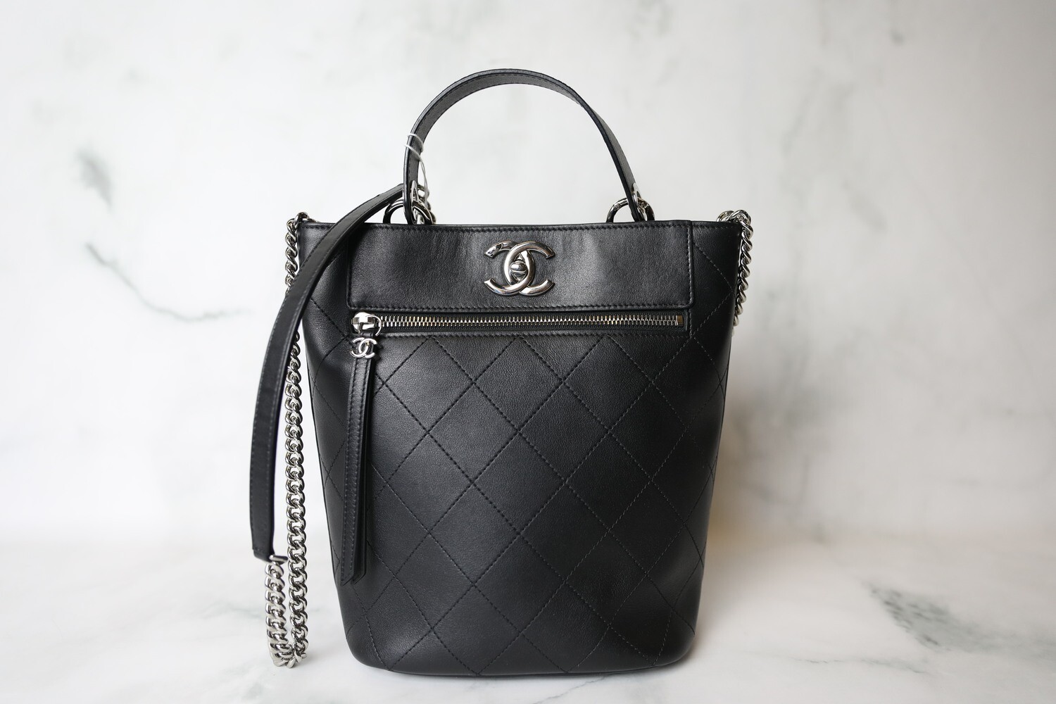 Chanel Quilted Top Handle Bucket Bag, Black Calfskin with Silver Hardware, Preowned in Box WA001