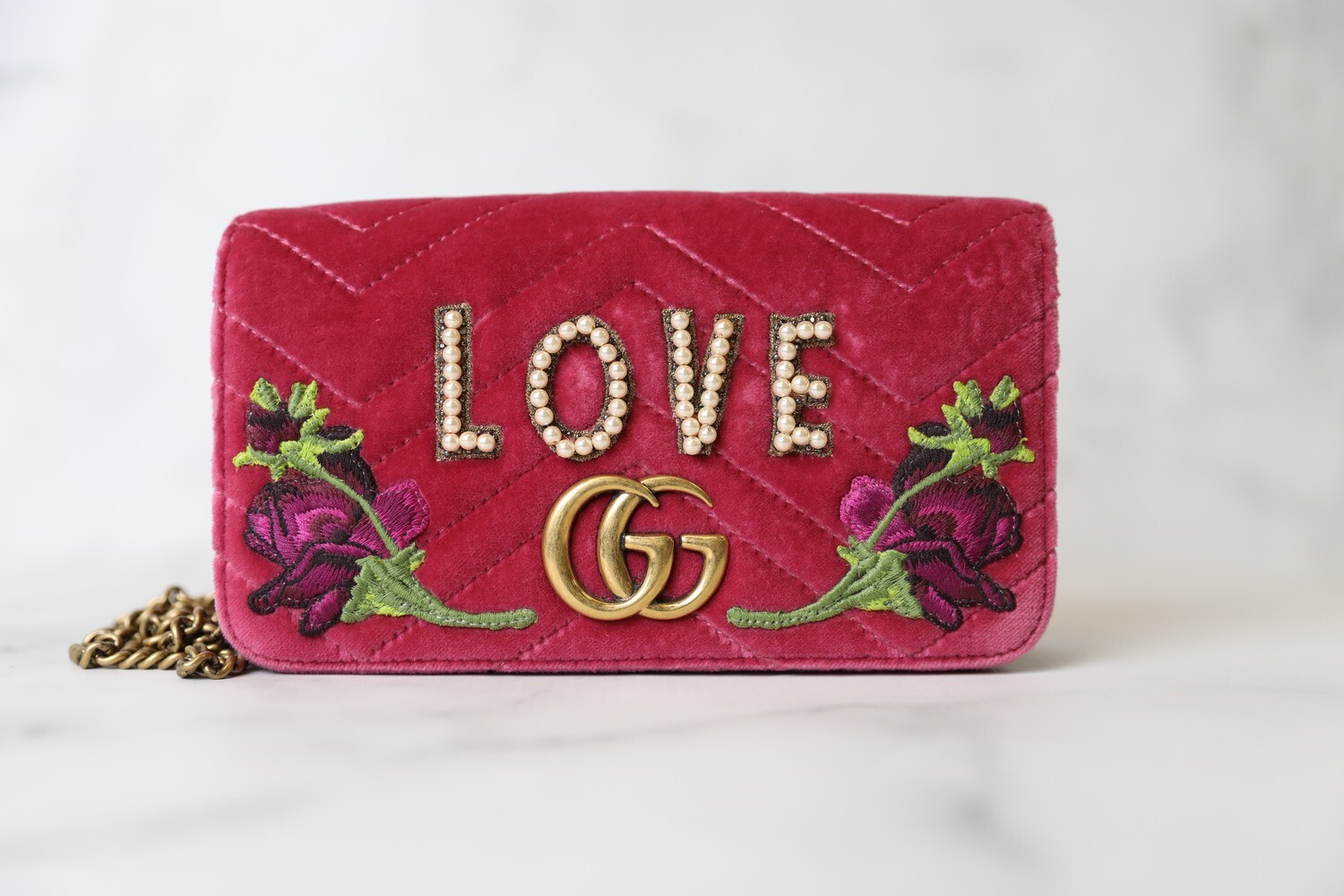 Gucci Marmont Wallet on Chain, Pink Velvet with Embroidery, Preowned in dustbag WA001