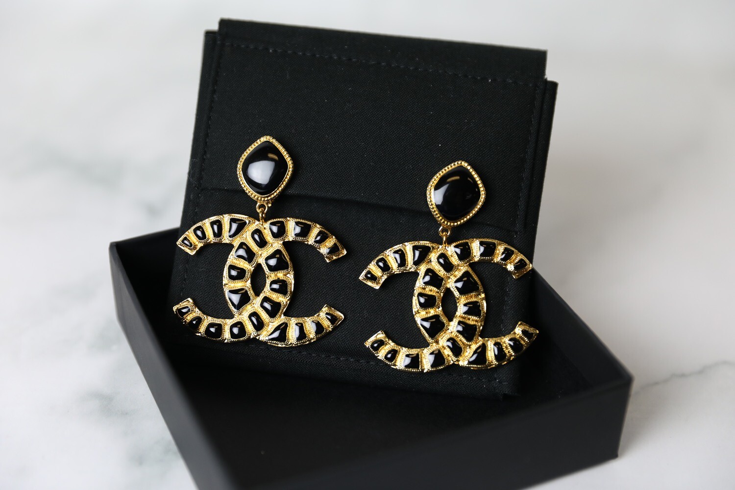Chanel Black and Gold Clip on Earrings, Preowned in Box WA001