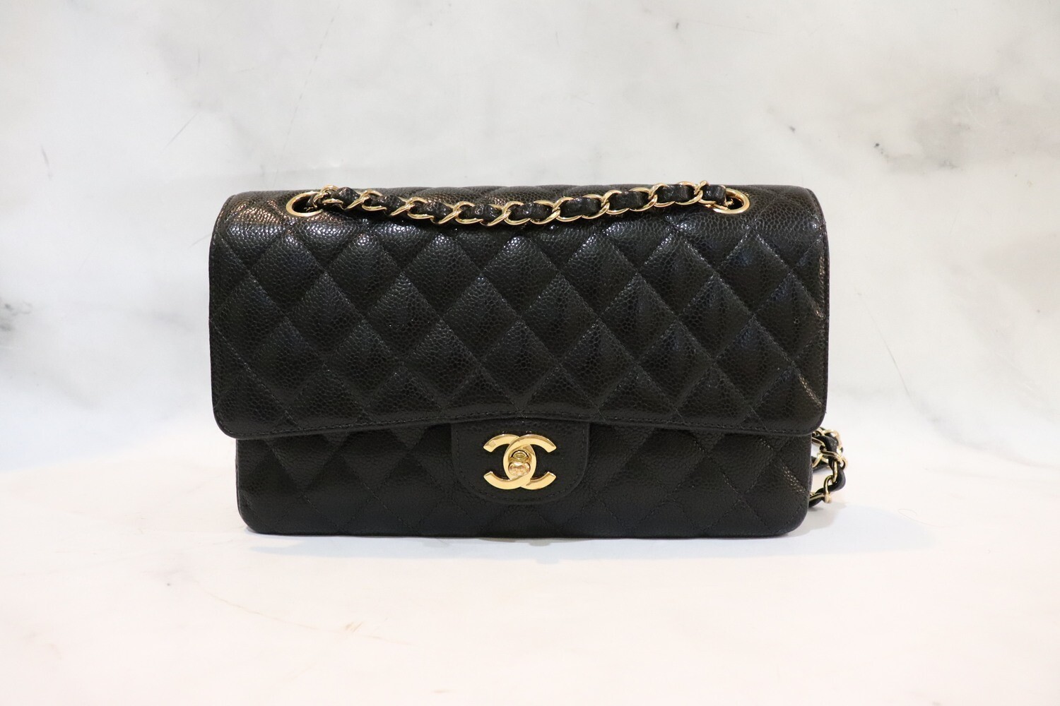 Chanel Classic Medium Double Flap, Black Caviar Leather Gold Hardware, Preowned in Black Dustbag