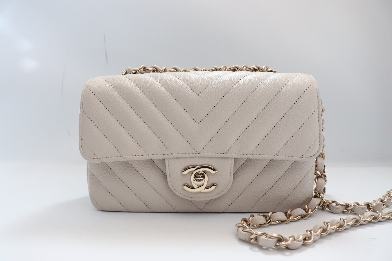 Chanel Mini Caviar 18B Ivory, Gold Hardware, Preowned in Box