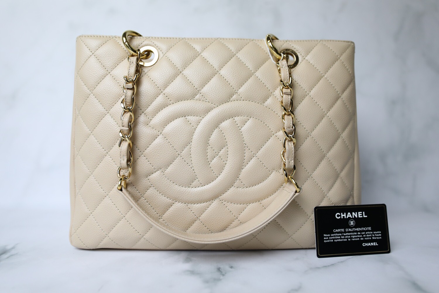 Chanel Grand Shopping Tote GST, Beige Caviar with Gold Hardware, Preowned in Dustbag WA001