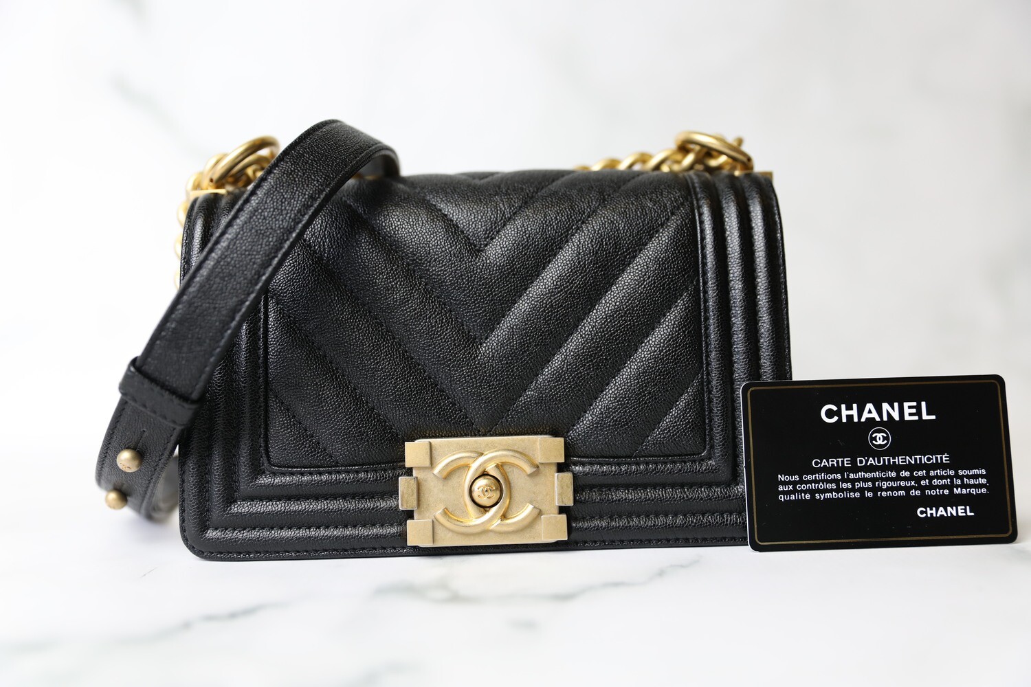 Chanel Boy Small, Black Chevron Caviar with Aged Gold Hardware, Preowned in Box WA001