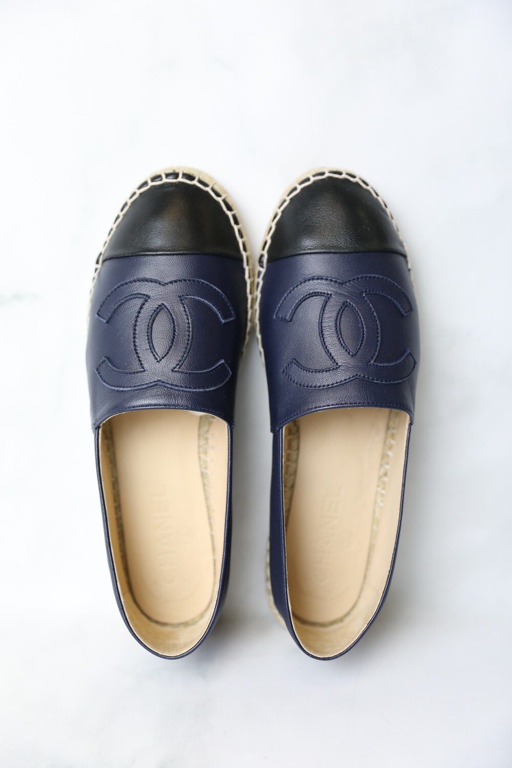 Chanel Leather Espadrilles, Navy lambskin, Size 38, Preowned in Box WA001