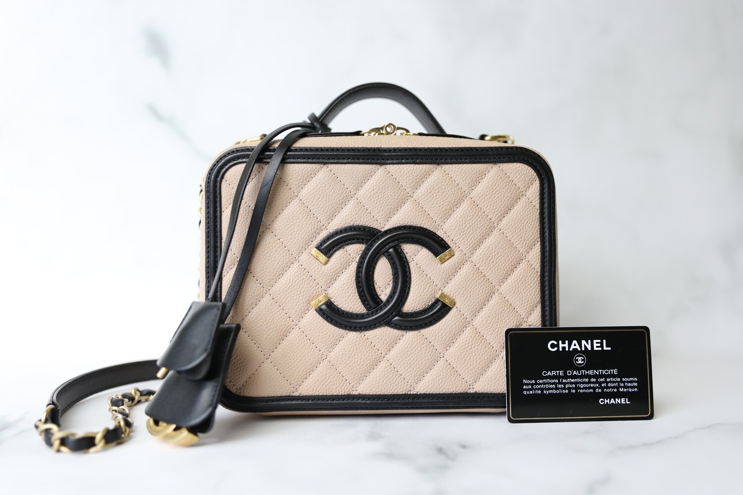 Chanel Filigree Vanity, Medium, Beige and Black Caviar with Aged Gold Hardware, Preowned in Box WA001