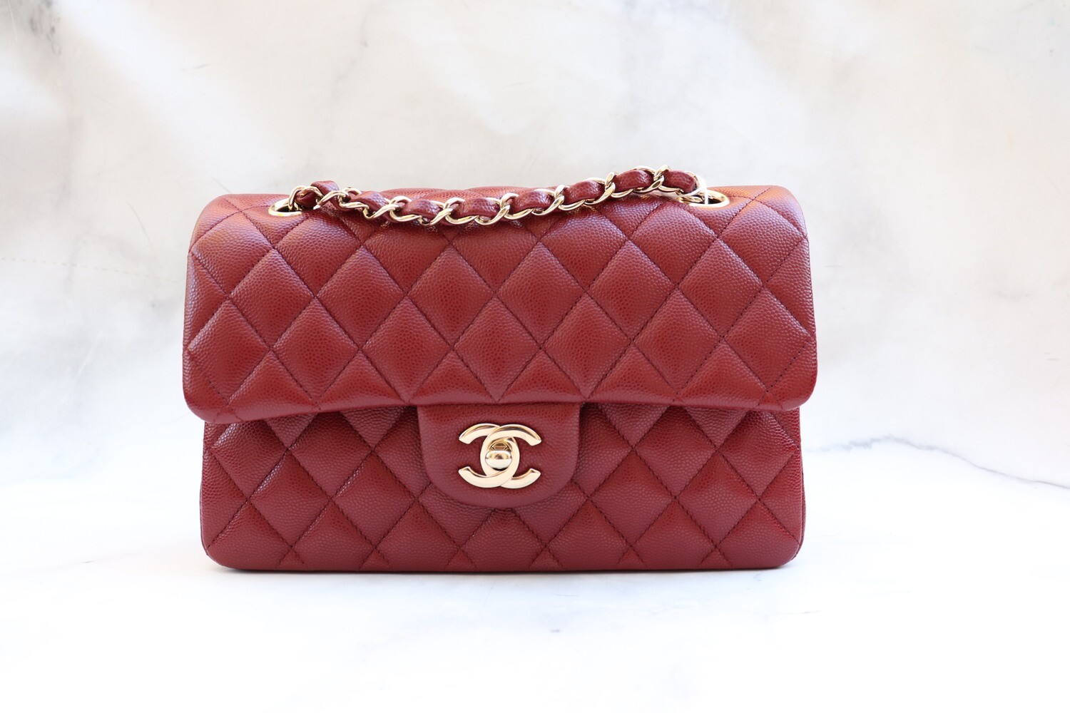 Chanel Classic Small Burgundy Red Caviar Leather, Gold Hardware, Like New in Box