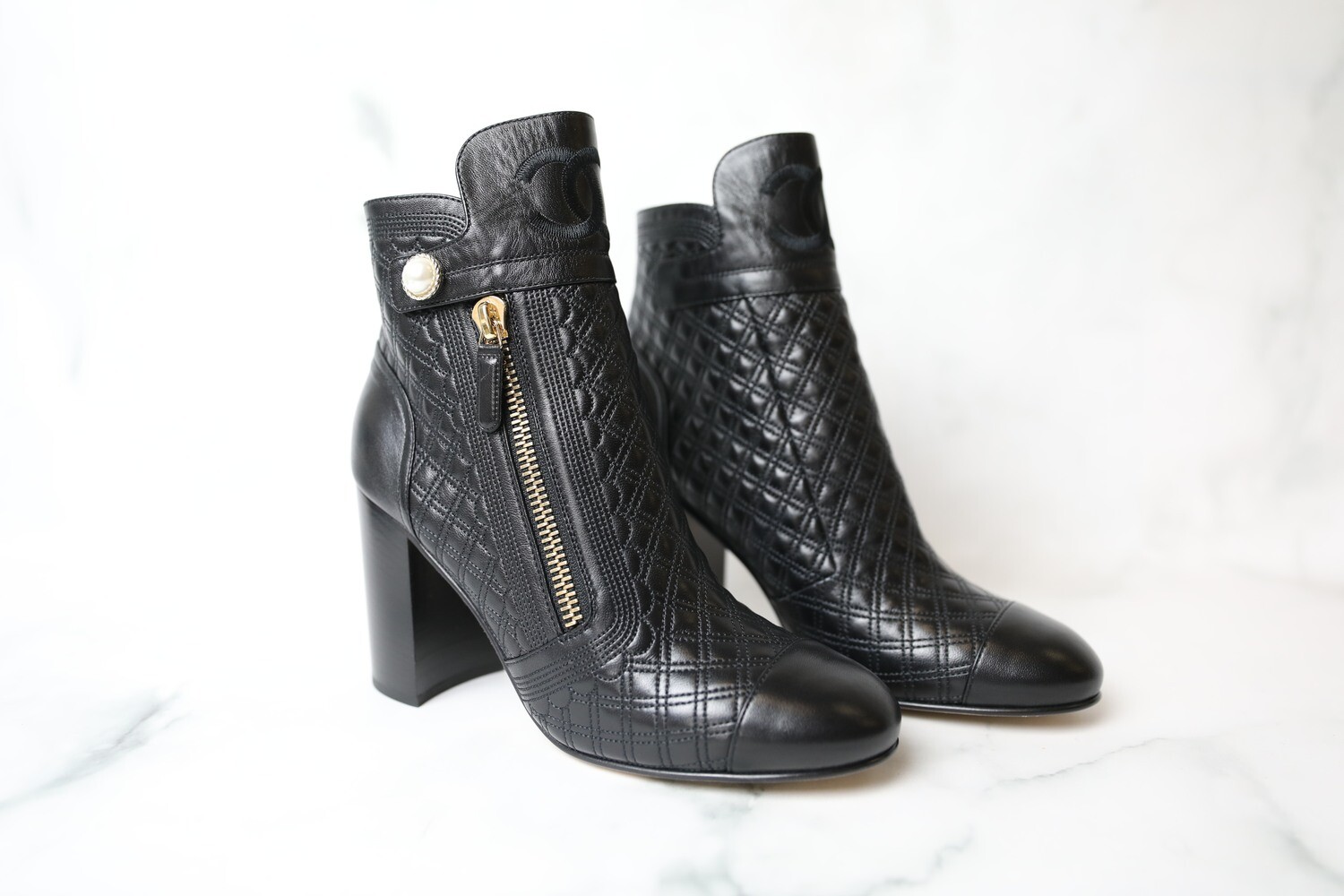Chanel Heeled Booties, Black Quilted with Pearl, Size 40.5, New in Box WA001